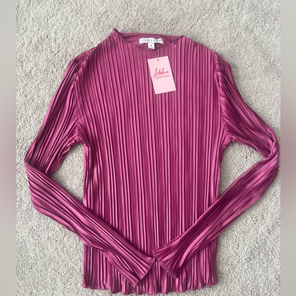 She + Sky Berry Plisse Mock Neck Top